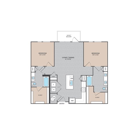 A floor plan of a house with two bedrooms, a living room, a dining room, a kitchen, a bathroom, a coat room, a cloakroom, and an entry.